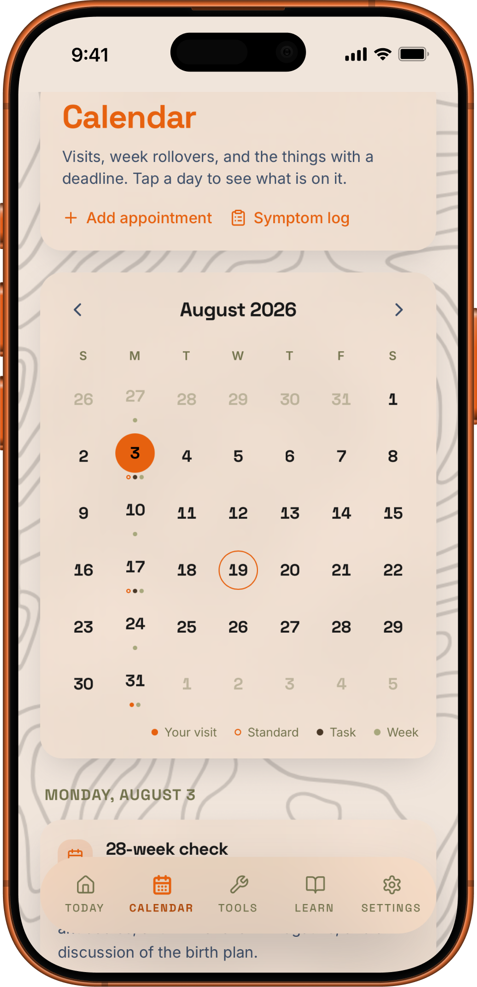 DadKit's appointment calendar showing the prenatal timeline and what each visit involves