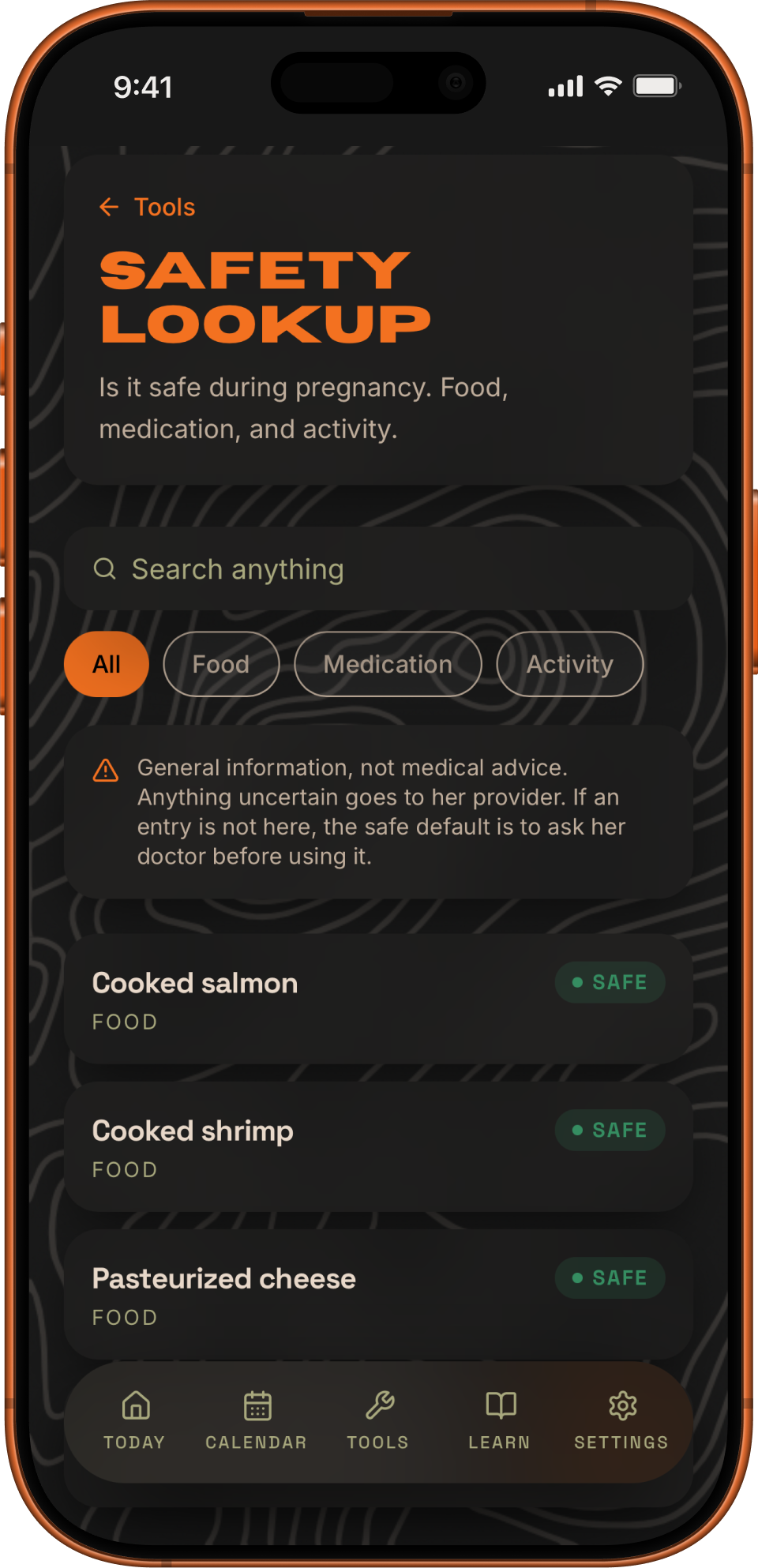 DadKit's safety lookup showing a search result with a pregnancy safety rating