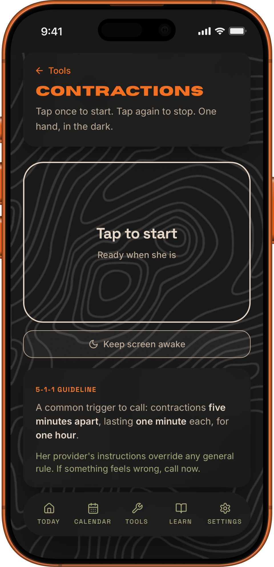 DadKit's contraction timer with one-tap start/stop and the 5-1-1 guideline visible
