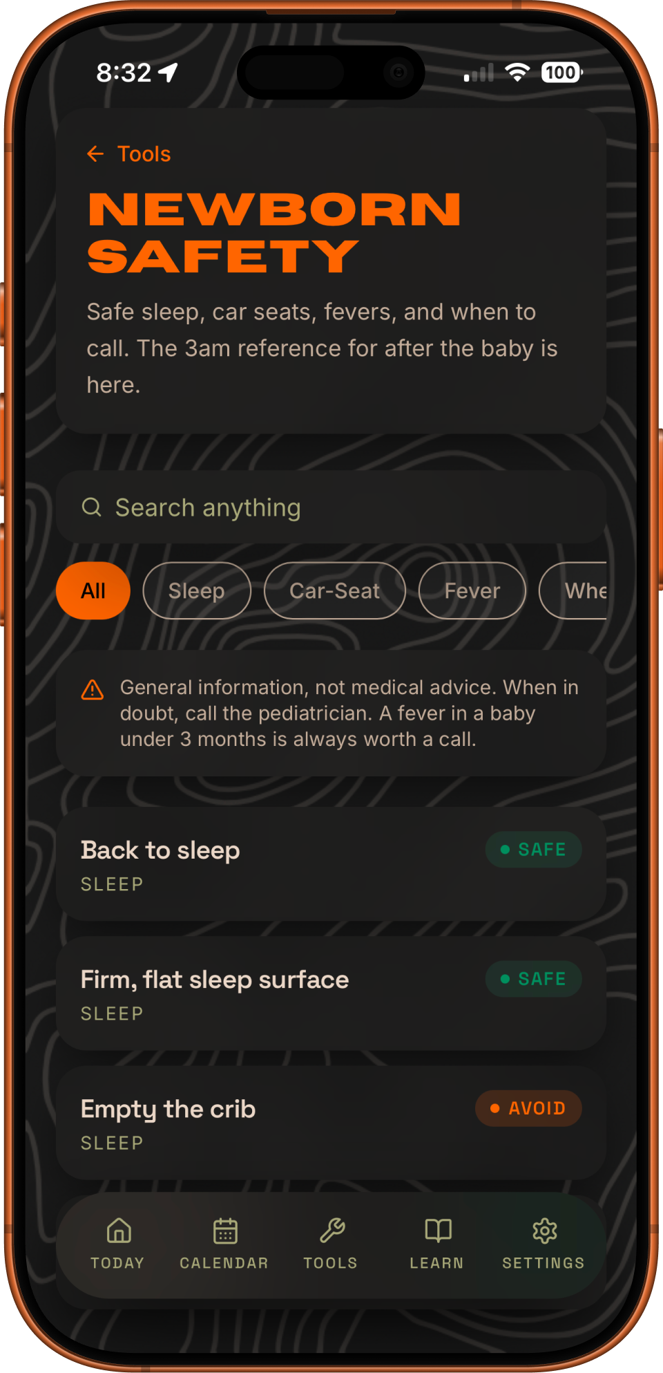 DadKit's first-year content showing newborn safety and the feeding log